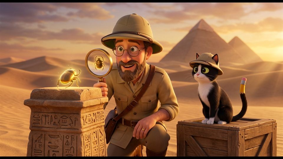 Pixar 3D scene of Professor West in the Egyptian desert at sunset examining a glowing golden scarab with his brass magnifying glass while Pencil sits on a crate beside him