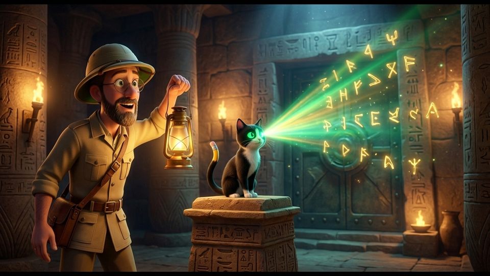 Pixar 3D scene inside a torchlit temple cavern where Professor West holds up a brass lantern while Pencil shines a glowing emerald beam from her eyes onto floating golden letters