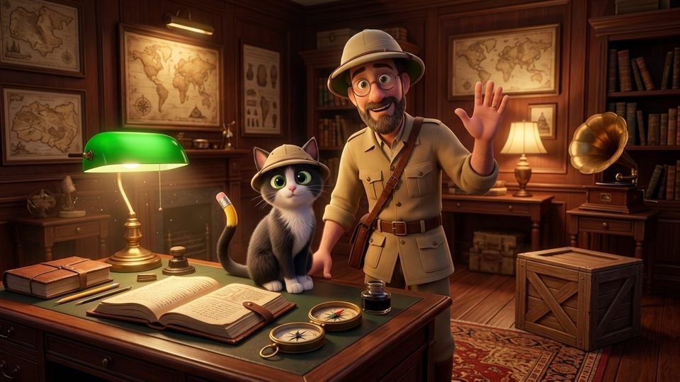 Act 4: Professor West and Pencil the Cat inside the interactive 3D Study